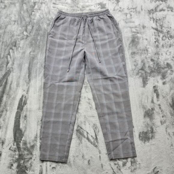 Essue Pants Womens M Black White Plaid Pull On Tapered Ankle Drawstring Preppy - Picture 1 of 12